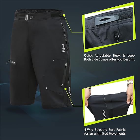 Brisk Bike Cycling Shorts Men's MTB Shorts with 4 Zipper Pockets and Adjustable Waistband Cycling Shorts, men's mountain bike shorts with padding, mtb shorts for men, mens mtb cycling shorts