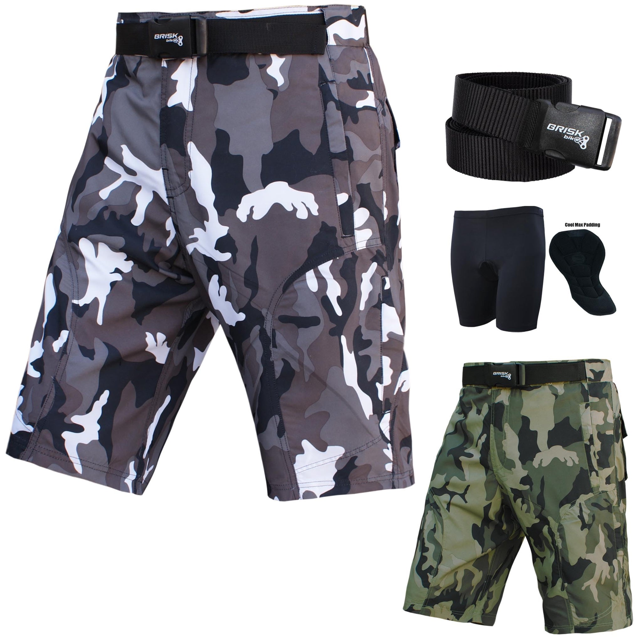 Brisk Bike Men's Camo MTB Shorts – Removable Padded Liner & Adjustable Belt | Lightweight Cycling Cargo Shorts for Trail & Mountain Riding