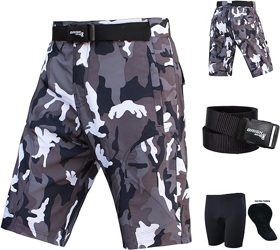 Brisk Bike MTB Cycling Shorts Downhill Off Road inner Shorts - Camo Green, Grey Camo, mens padded bike shorts, mens mountain bike cycling shorts, gel padded bike shorts, padded mtb liner shorts