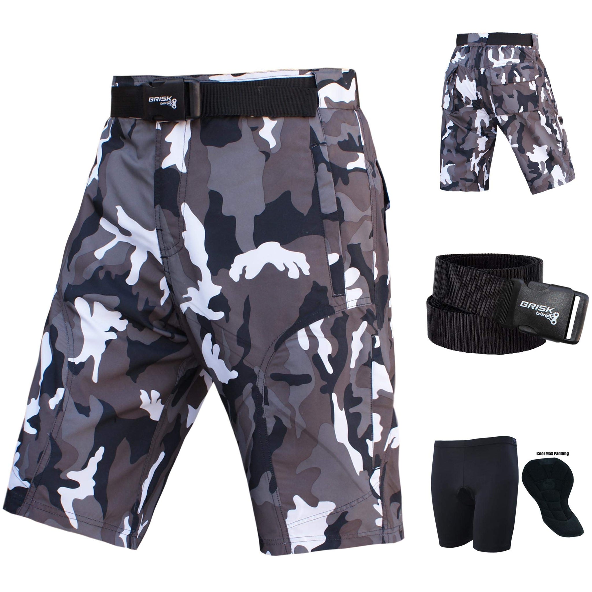 Brisk Bike Men's Camo MTB Shorts – Removable Padded Liner & Adjustable Belt | Lightweight Cycling Cargo Shorts for Trail & Mountain Riding