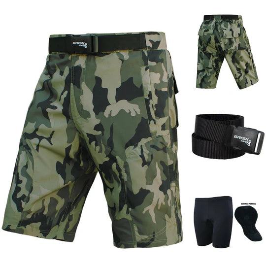 Brisk Bike MTB Cycling Shorts Downhill Off Road inner Shorts - Camo Green, Grey Camo, mens padded bike shorts, mens mountain bike cycling shorts, gel padded bike shorts, padded mtb liner shorts